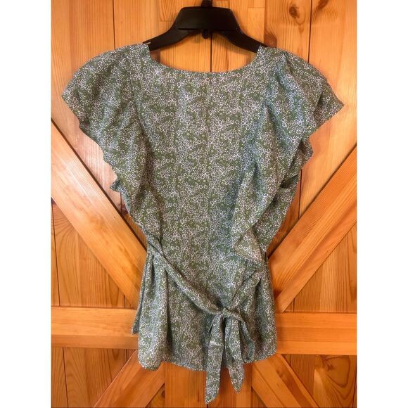 Max Studio Ruffle Sleeve Tie Waist Green Floral Blouse READ NWT Size XL (5942) - Picture 6 of 10